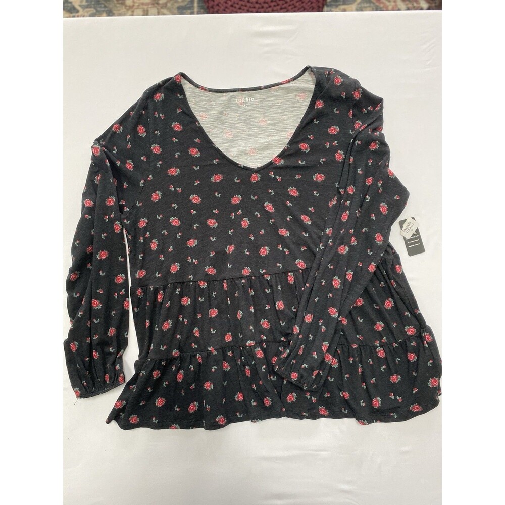 Torrid Top Womens 2 Floral V-Neck Babydoll Long Sleeve Slub Knit NWT Plus